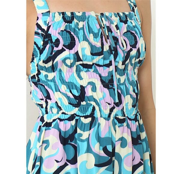 Women's Blue Multi Colour Smocked Mini Dress with side Pockets  Bohemian Y2K - Picture 6 of 8